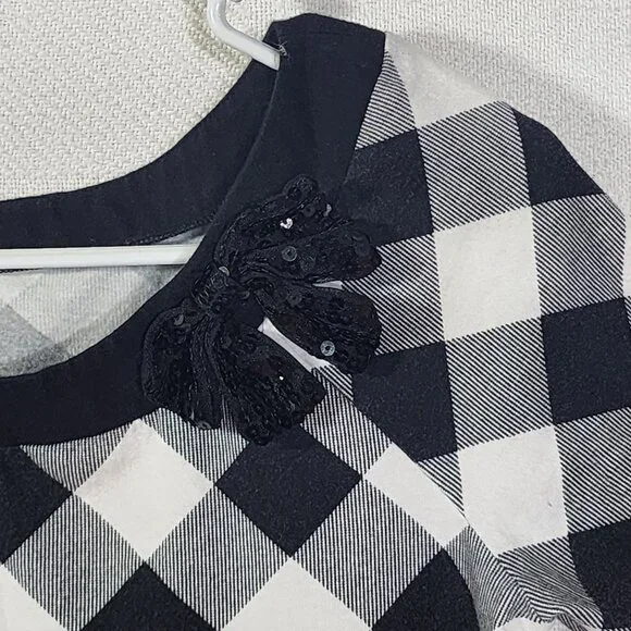 Justice Black White Check SS Black Sequin Bow Neckline Cotton Span Top Size 18 - Picture 5 of 16